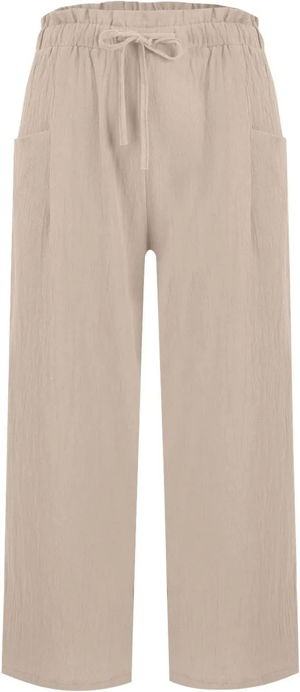 Womens Linen Pants 2025 Drawstring Elastic Waist Wide Leg Cropped Lounge Trousers Summer Beach Pant Outfits