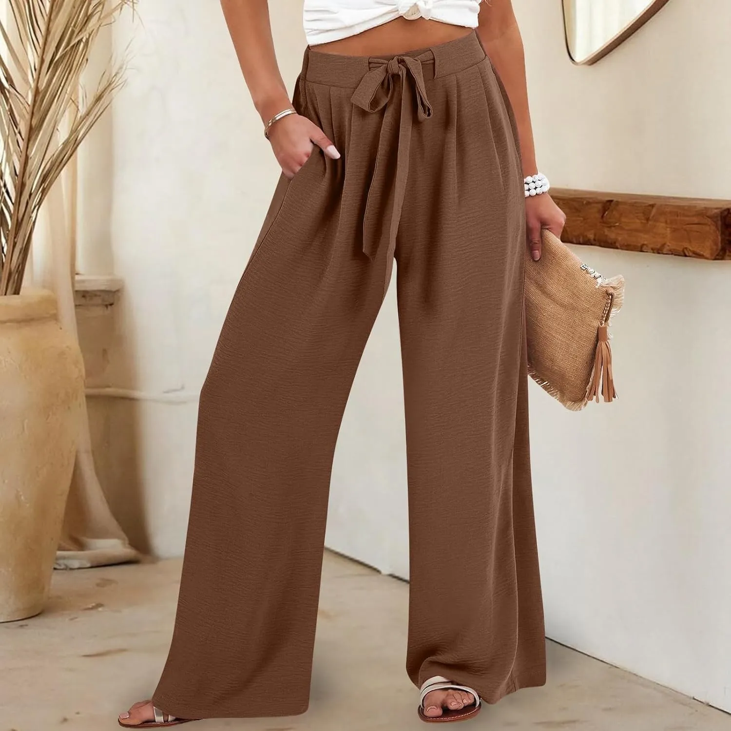 Womens Linen Pants 2025 High Waist Drawstring Wide Leg Lounge Trousers Casual Loose Summer Beach Pant with Pocket