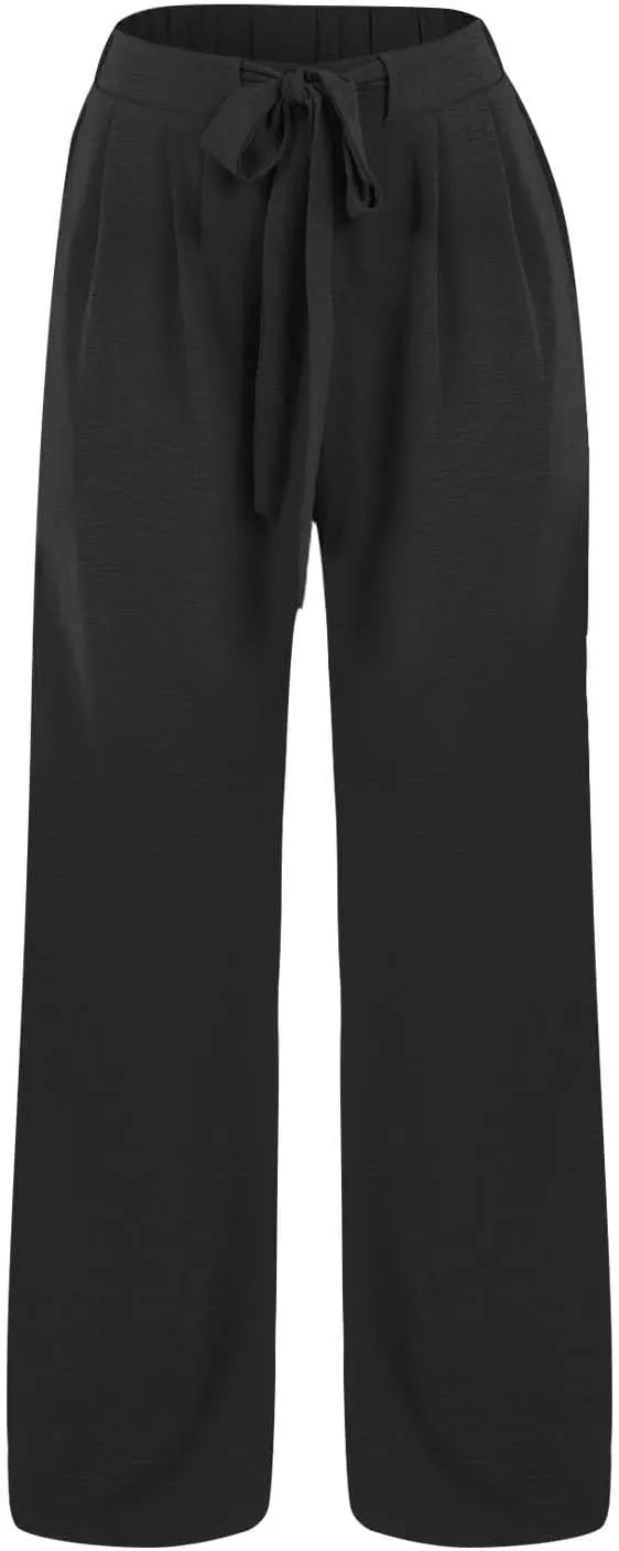 Womens Linen Pants 2025 High Waist Drawstring Wide Leg Lounge Trousers Casual Loose Summer Beach Pant with Pocket