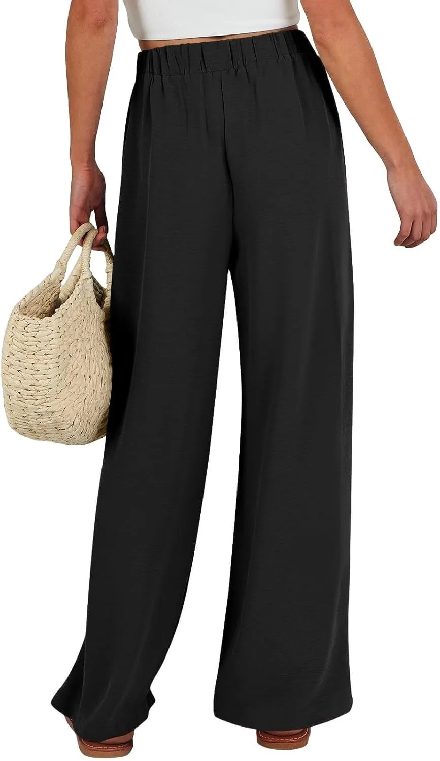 Womens Linen Pants 2025 High Waist Drawstring Wide Leg Lounge Trousers Casual Loose Summer Beach Pant with Pocket