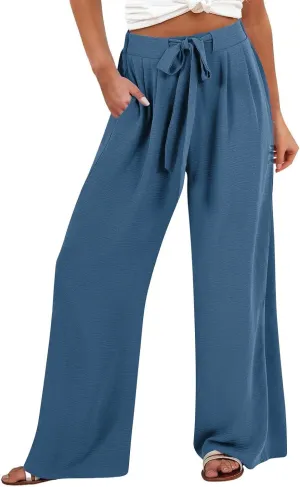Womens Linen Pants 2025 High Waist Drawstring Wide Leg Lounge Trousers Casual Loose Summer Beach Pant with Pocket