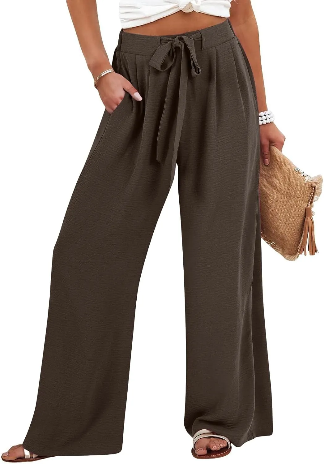 Womens Linen Pants 2025 High Waist Drawstring Wide Leg Lounge Trousers Casual Loose Summer Beach Pant with Pocket