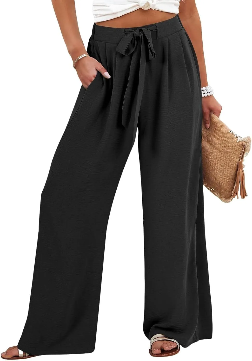 Womens Linen Pants 2025 High Waist Drawstring Wide Leg Lounge Trousers Casual Loose Summer Beach Pant with Pocket