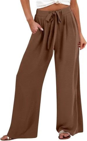 Womens Linen Pants 2025 High Waist Drawstring Wide Leg Lounge Trousers Casual Loose Summer Beach Pant with Pocket