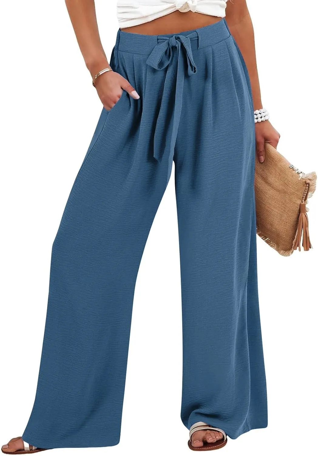 Womens Linen Pants 2025 High Waist Drawstring Wide Leg Lounge Trousers Casual Loose Summer Beach Pant with Pocket