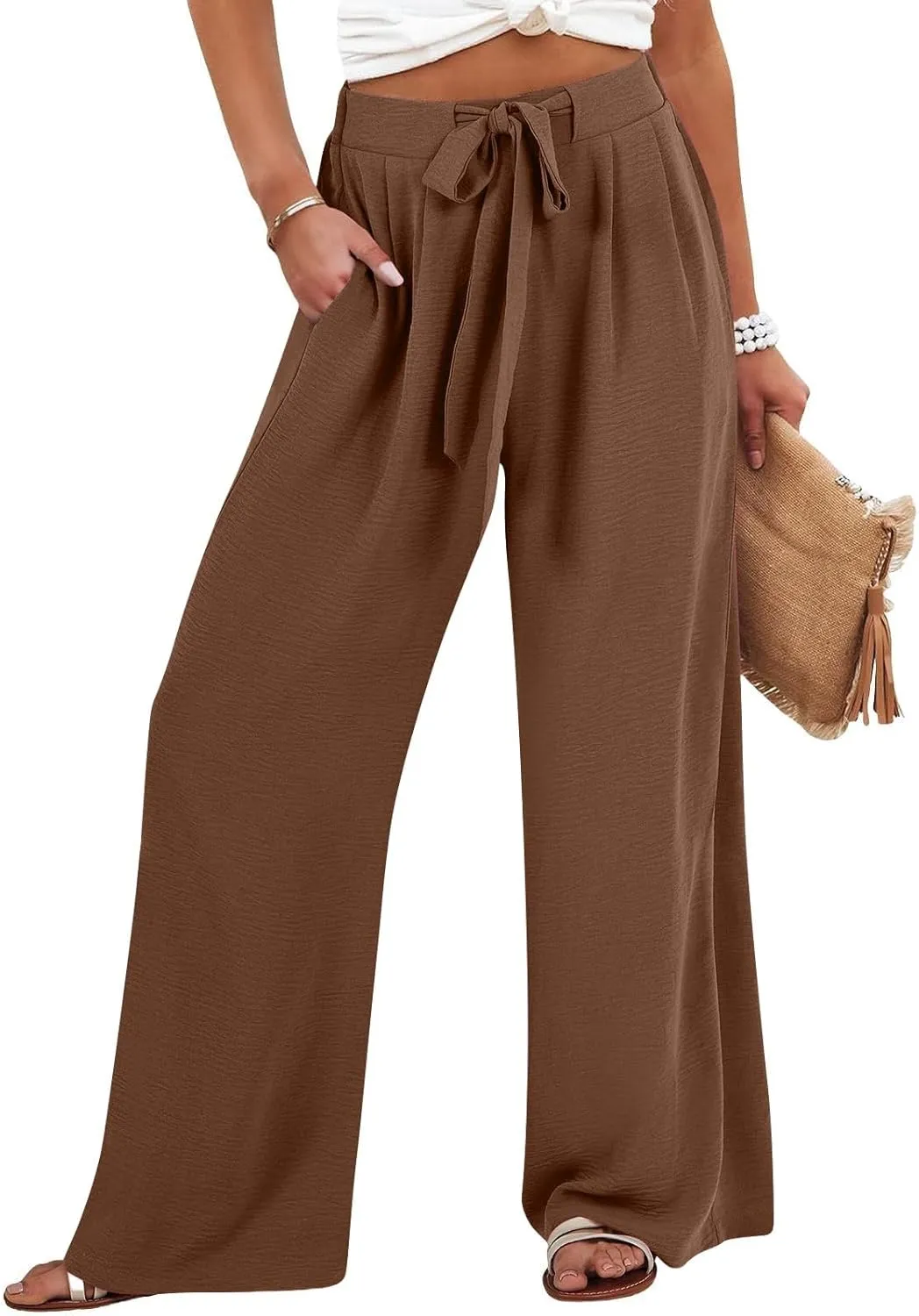 Womens Linen Pants 2025 High Waist Drawstring Wide Leg Lounge Trousers Casual Loose Summer Beach Pant with Pocket