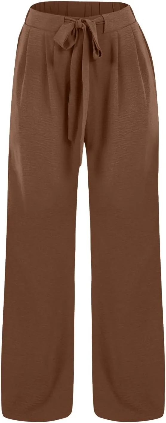 Womens Linen Pants 2025 High Waist Drawstring Wide Leg Lounge Trousers Casual Loose Summer Beach Pant with Pocket