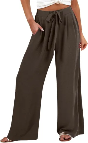 Womens Linen Pants 2025 High Waist Drawstring Wide Leg Lounge Trousers Casual Loose Summer Beach Pant with Pocket