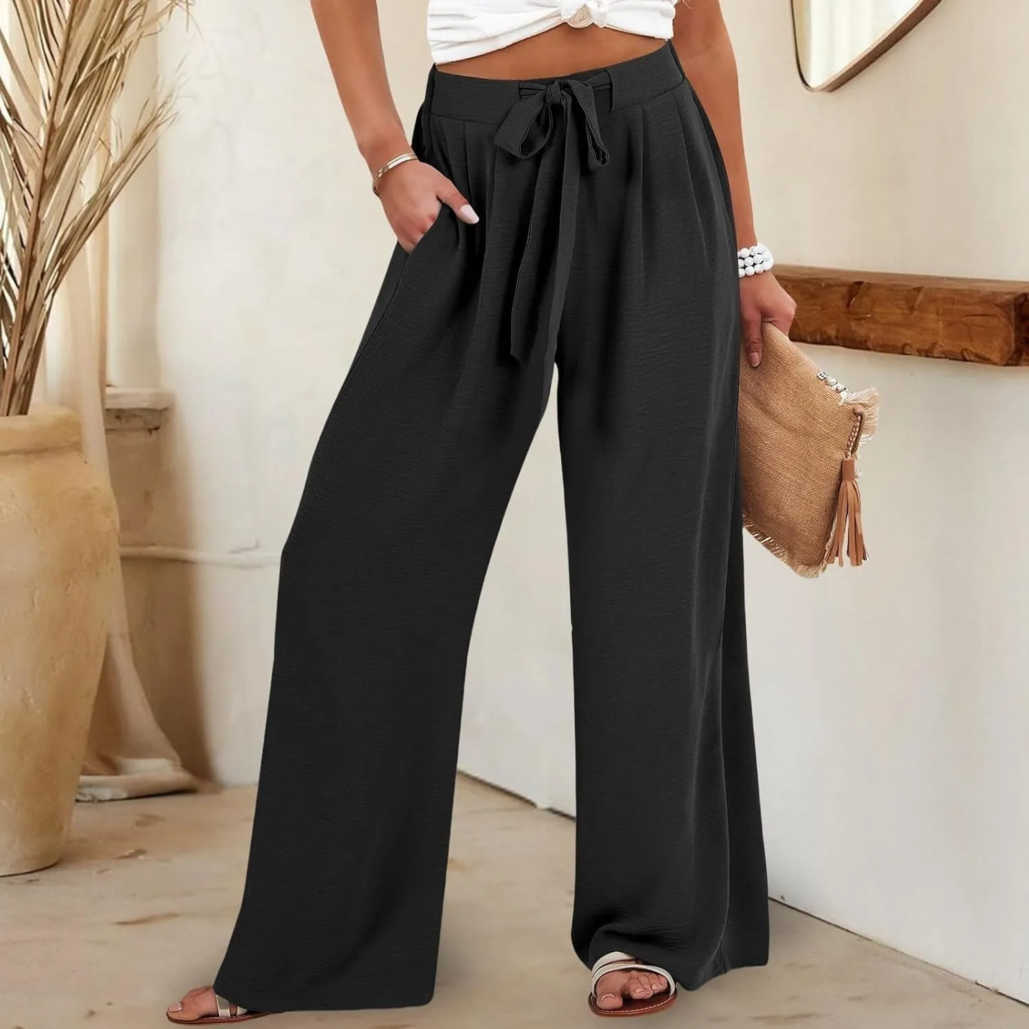 Womens Linen Pants 2025 High Waist Drawstring Wide Leg Lounge Trousers Casual Loose Summer Beach Pant with Pocket