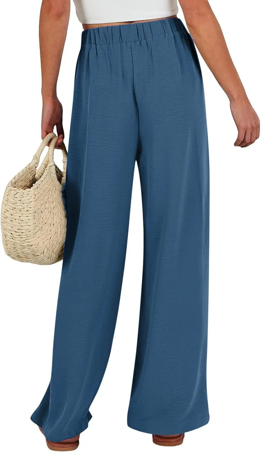 Womens Linen Pants 2025 High Waist Drawstring Wide Leg Lounge Trousers Casual Loose Summer Beach Pant with Pocket