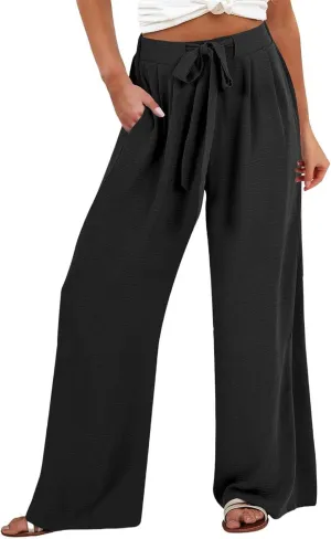Womens Linen Pants 2025 High Waist Drawstring Wide Leg Lounge Trousers Casual Loose Summer Beach Pant with Pocket
