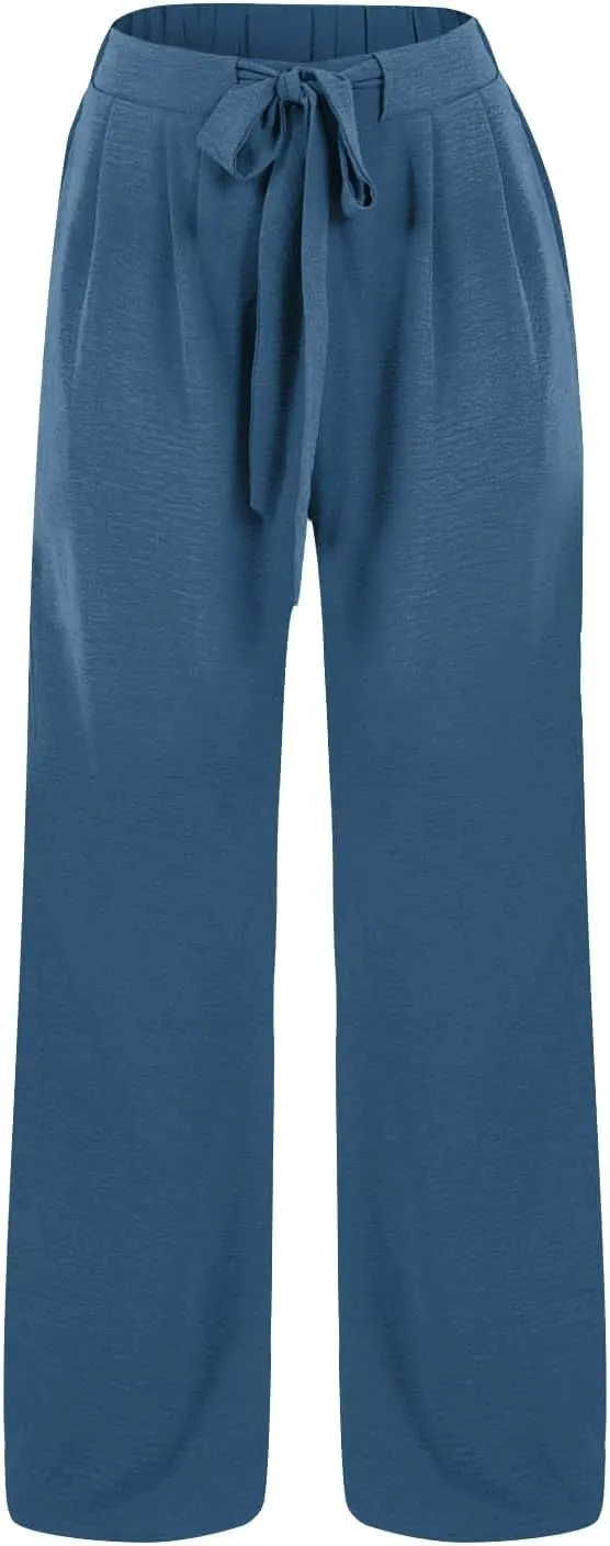 Womens Linen Pants 2025 High Waist Drawstring Wide Leg Lounge Trousers Casual Loose Summer Beach Pant with Pocket