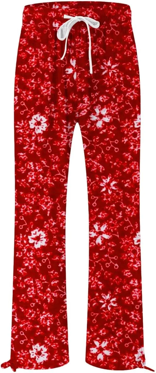 Womens Linen Pants Boho Wide Leg High Waisted Palazzo Retro Printed Pants Summer Flowy Beach Lounge Casual Clothes