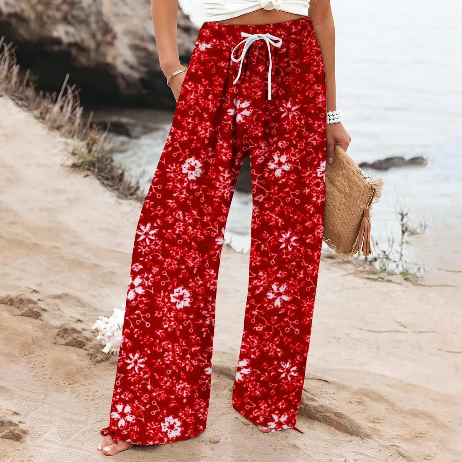 Womens Linen Pants Boho Wide Leg High Waisted Palazzo Retro Printed Pants Summer Flowy Beach Lounge Casual Clothes