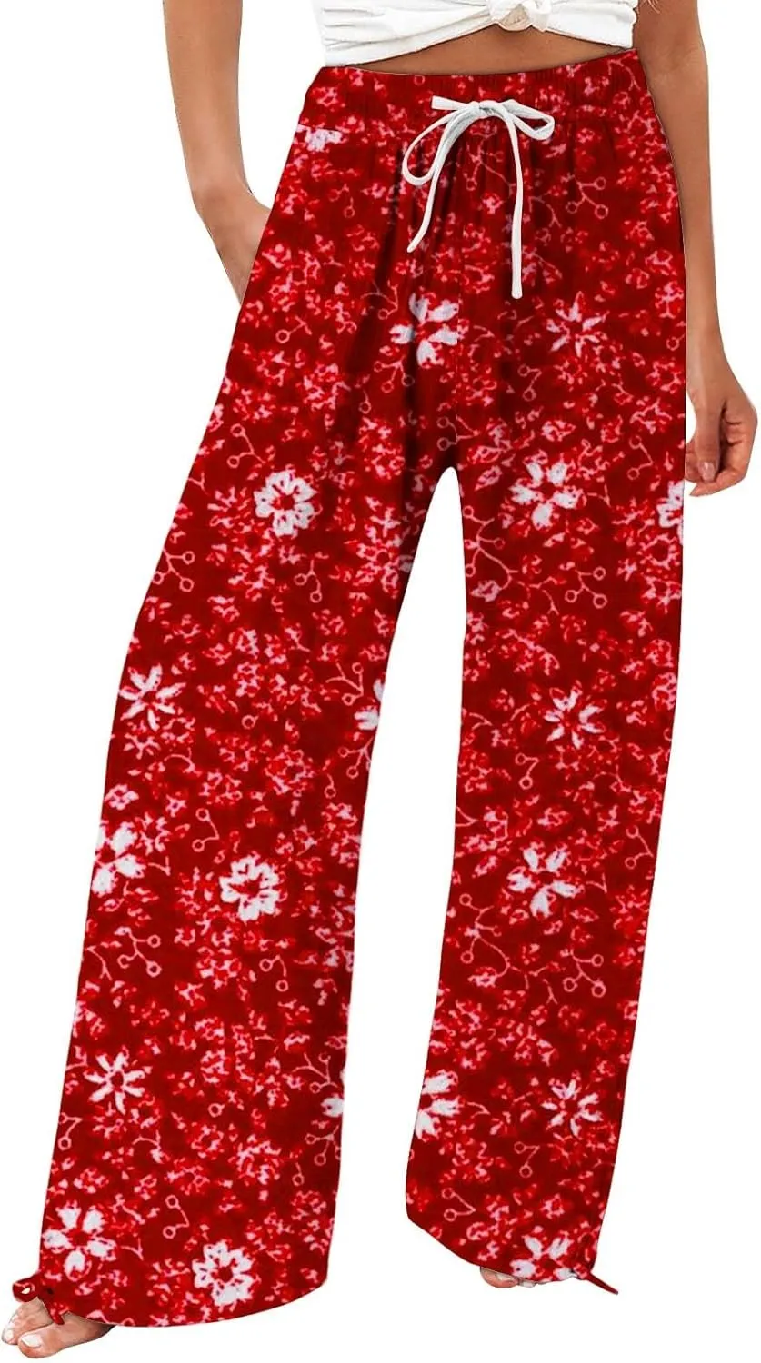 Womens Linen Pants Boho Wide Leg High Waisted Palazzo Retro Printed Pants Summer Flowy Beach Lounge Casual Clothes