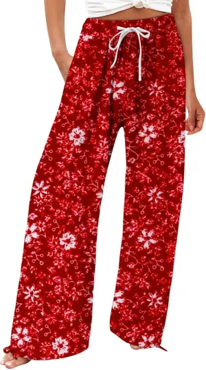 Womens Linen Pants Boho Wide Leg High Waisted Palazzo Retro Printed Pants Summer Flowy Beach Lounge Casual Clothes