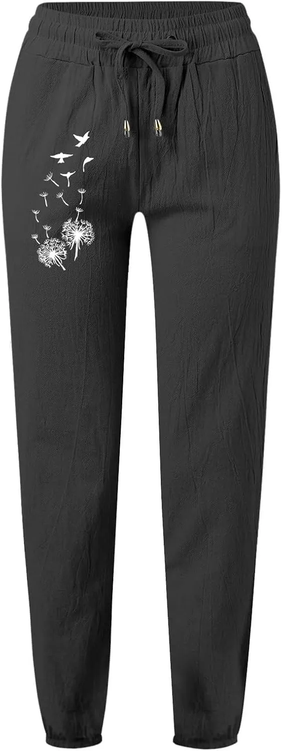 Women's Linen Pants Casual Summer Loose Beach Solid Color Plus Size High Waist Linen Pants Soft Ankle Trousers with Pockets