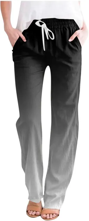 Womens Linen Pants Casual Summer Loose Boho Straight Leg High Waist Solid Color Linen Pants Elastic Waist Streetwear Trousers