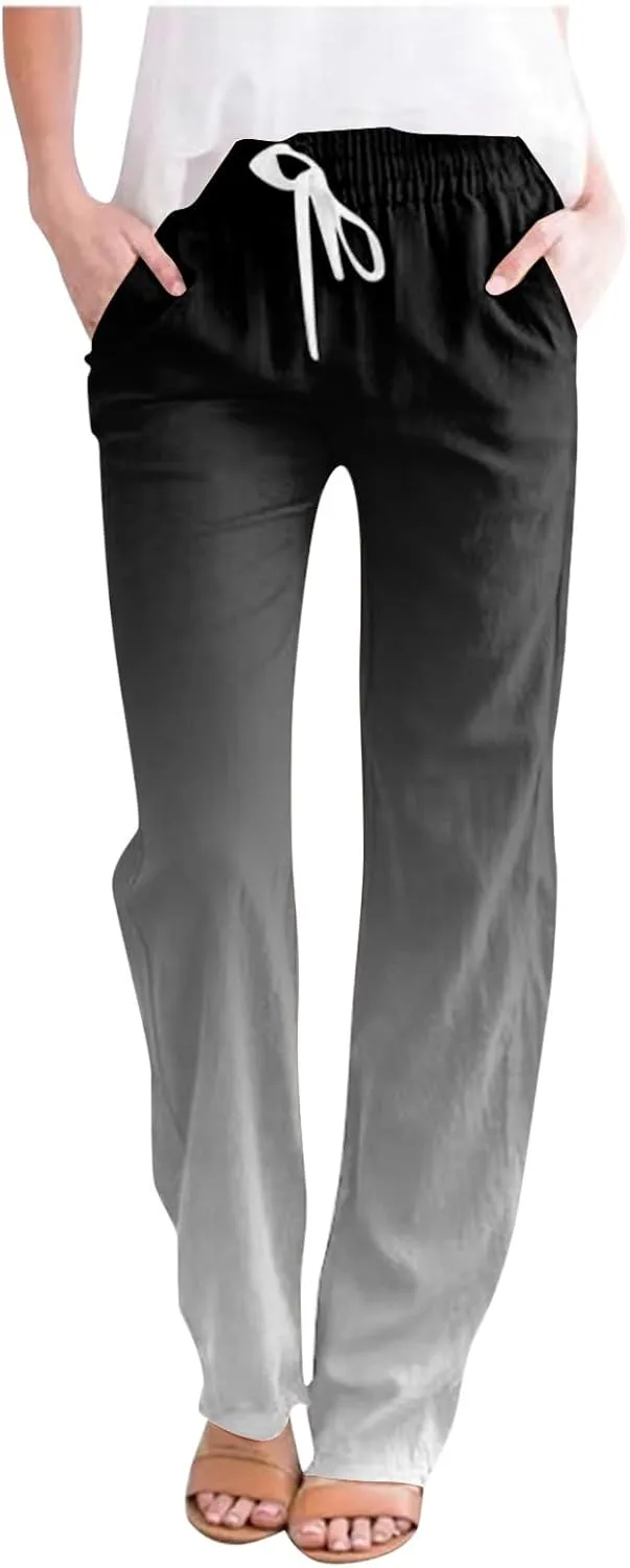 Womens Linen Pants Casual Summer Loose Boho Straight Leg High Waist Solid Color Linen Pants Elastic Waist Streetwear Trousers