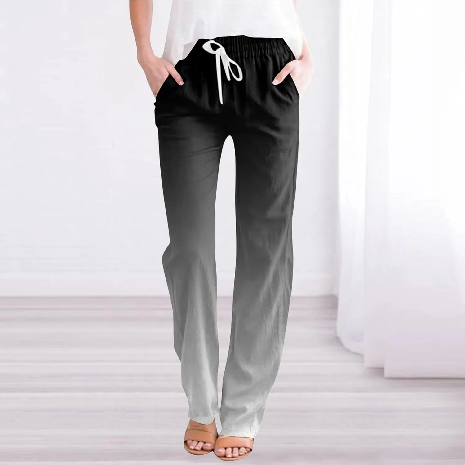 Womens Linen Pants Casual Summer Loose Boho Straight Leg High Waist Solid Color Linen Pants Elastic Waist Streetwear Trousers