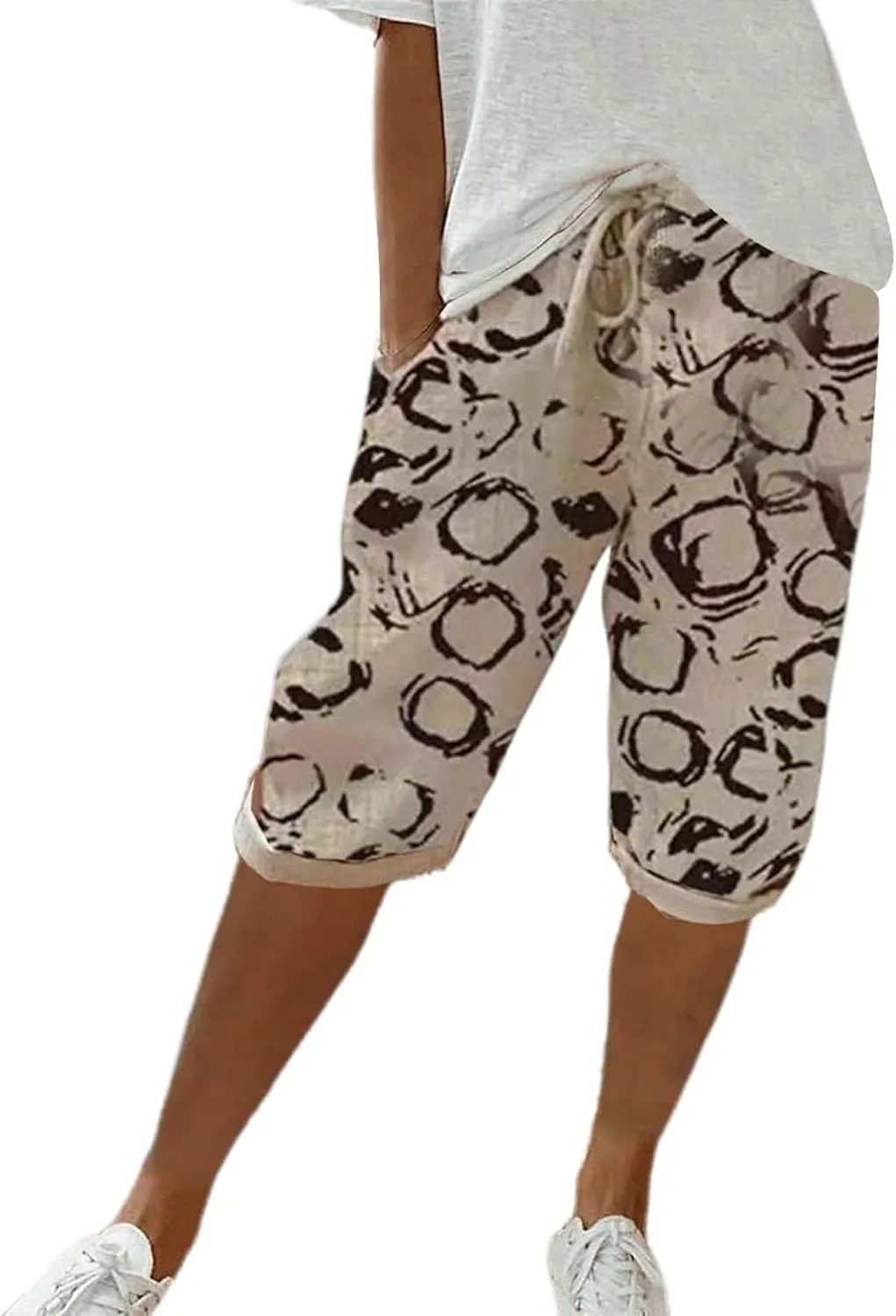 Womens Linen Pants White Drawstring Summer Cotton Capri Pants for Women Stretch Loose Petite Short Capris Cargo
