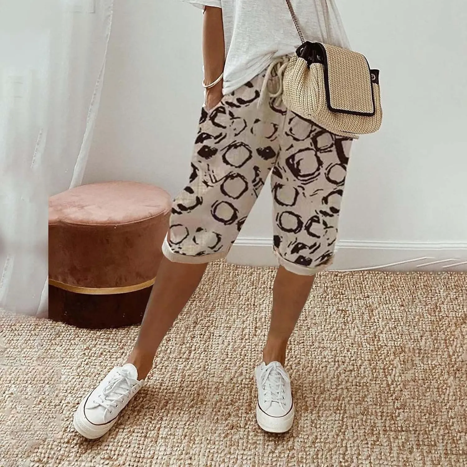 Womens Linen Pants White Drawstring Summer Cotton Capri Pants for Women Stretch Loose Petite Short Capris Cargo