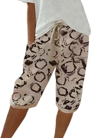 Womens Linen Pants White Drawstring Summer Cotton Capri Pants for Women Stretch Loose Petite Short Capris Cargo