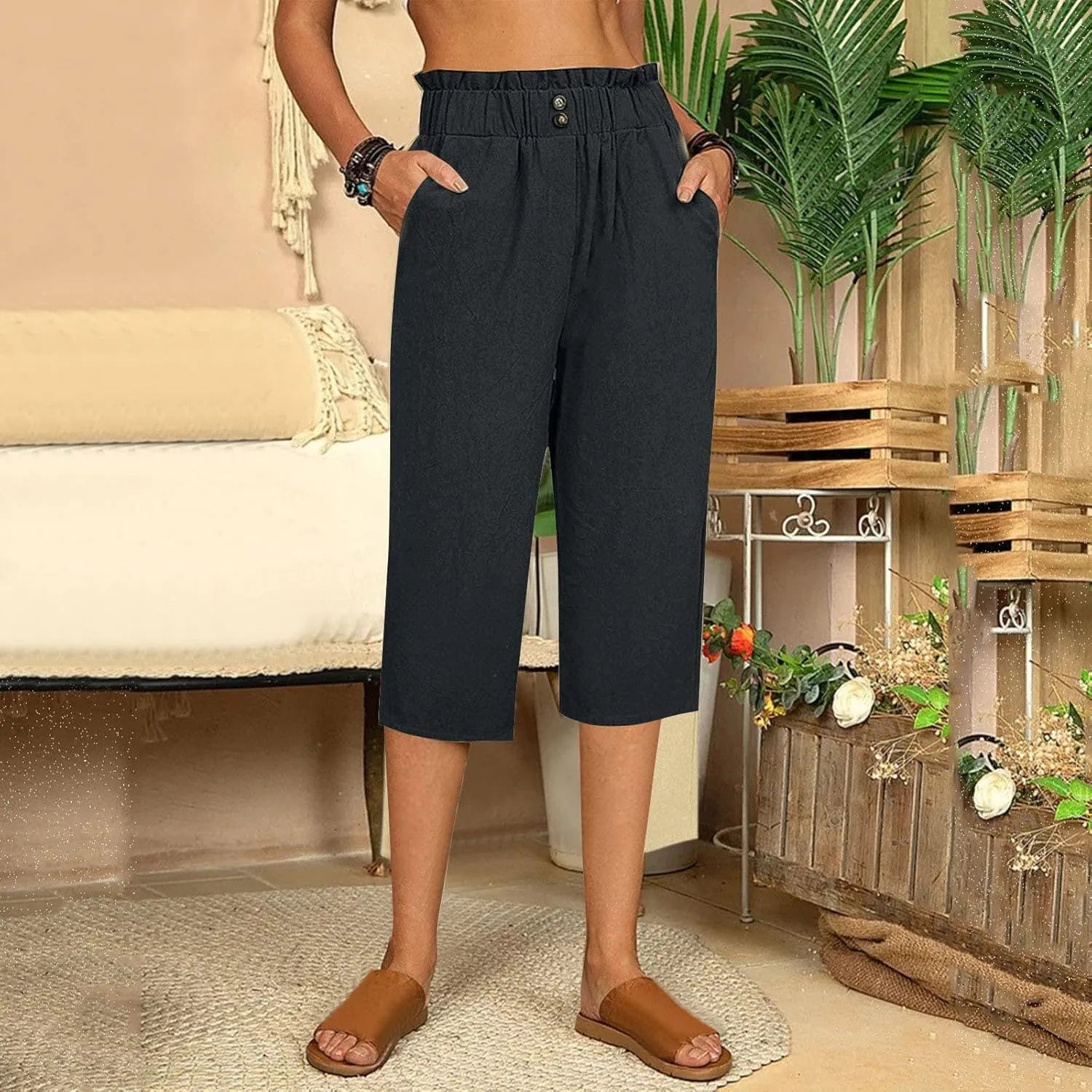 Women's Linen Pants Wide Leg Trousers Loose Fit Crop Pants High Waisted Comfort Trousers Summer Pants Baggy