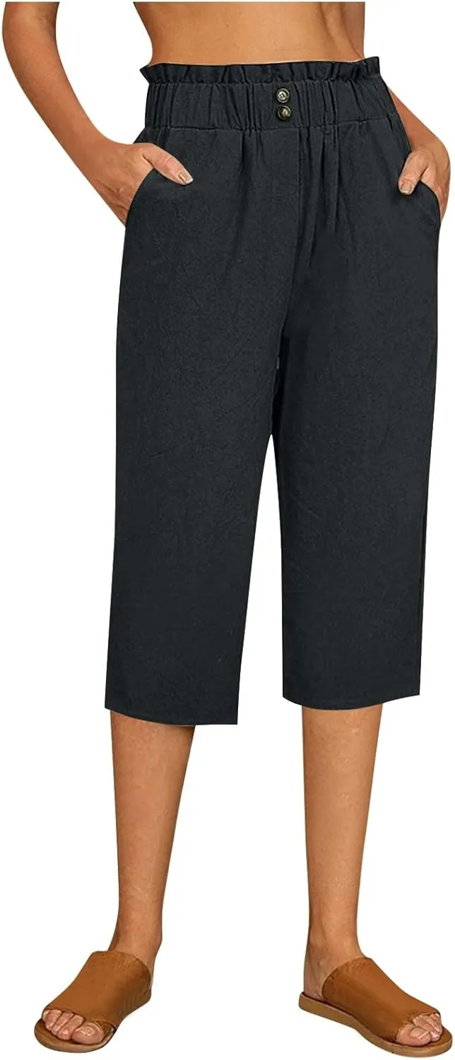 Women's Linen Pants Wide Leg Trousers Loose Fit Crop Pants High Waisted Comfort Trousers Summer Pants Baggy