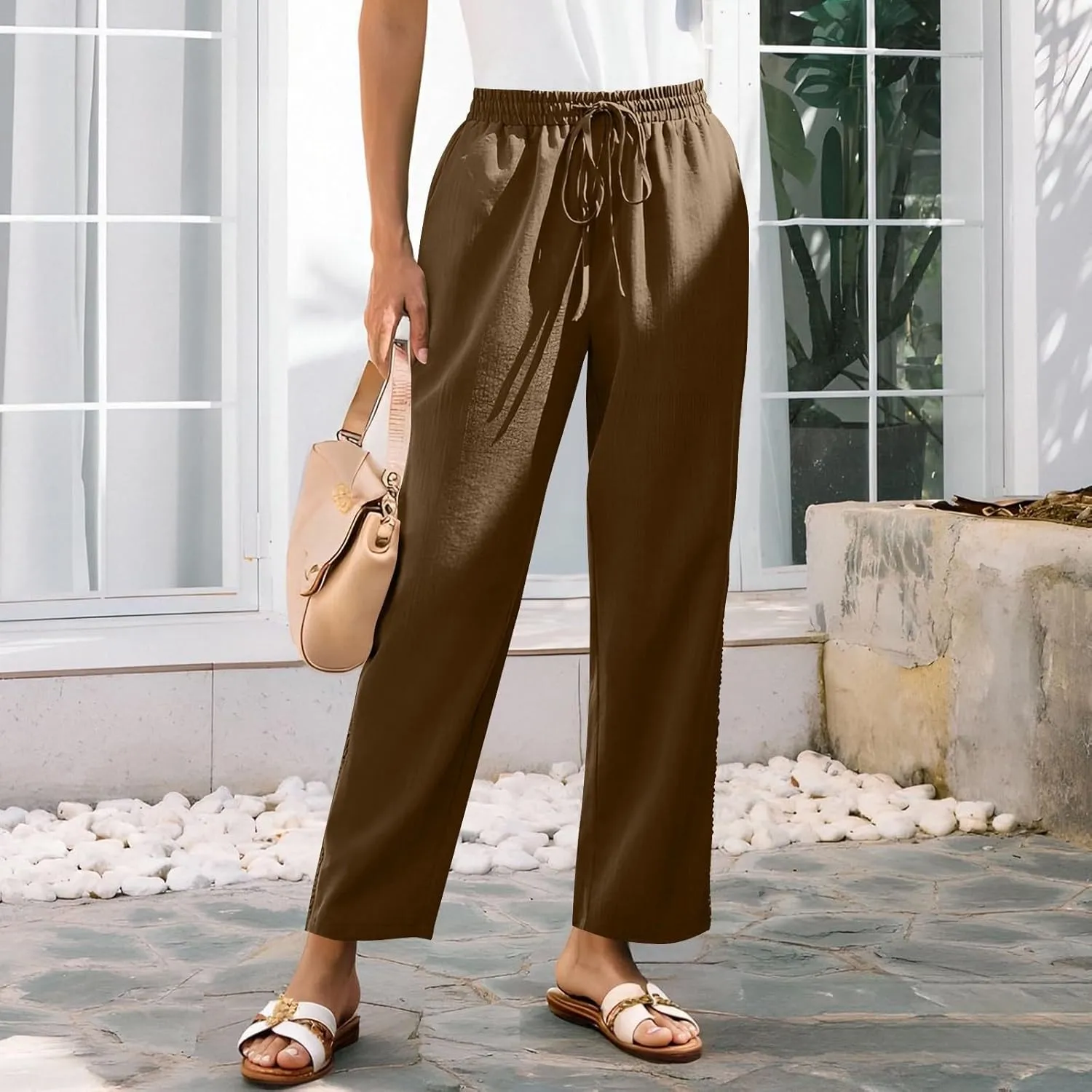 Womens Linen Pants,Drawstring Wide Leg Pants Woman Elastic Waist Summer Business Casual Beach Work Palazzo Trousers