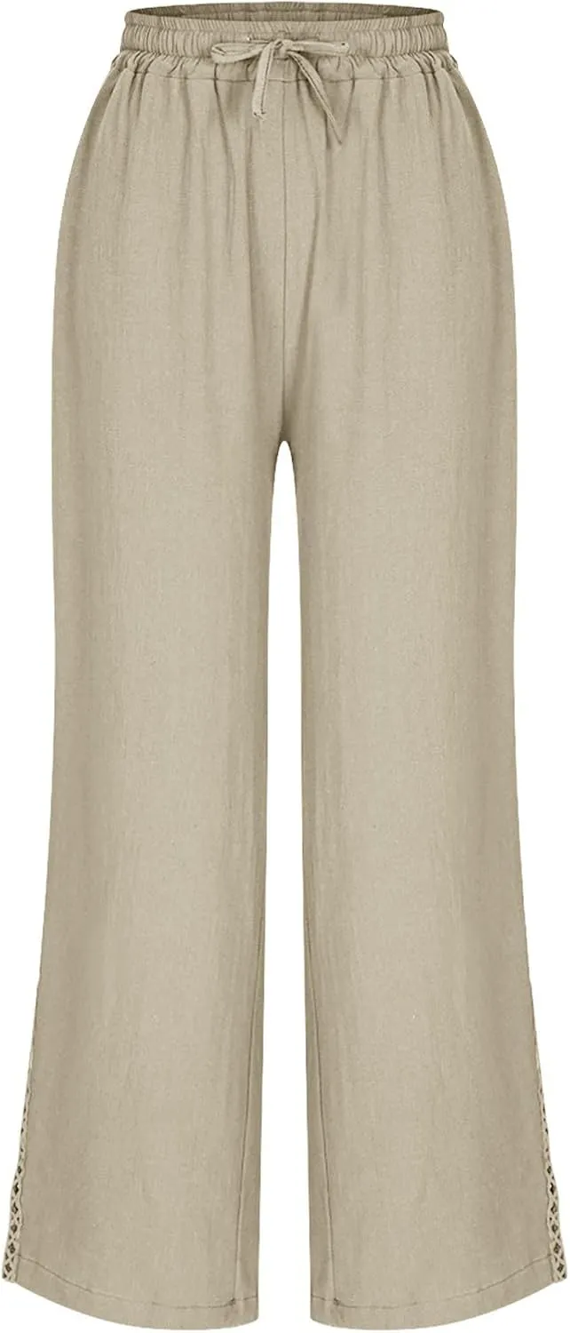 Womens Linen Pants,Drawstring Wide Leg Pants Woman Elastic Waist Summer Business Casual Beach Work Palazzo Trousers