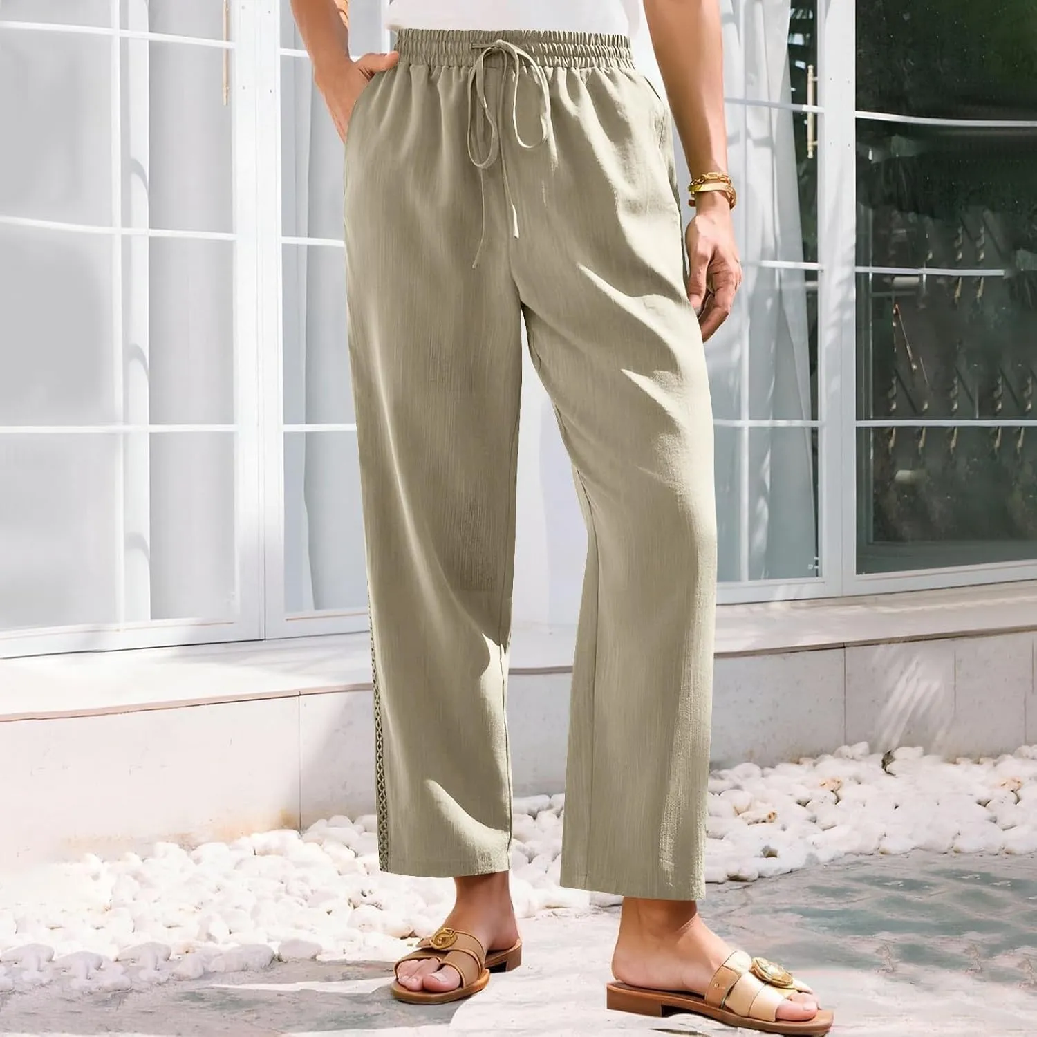 Womens Linen Pants,Drawstring Wide Leg Pants Woman Elastic Waist Summer Business Casual Beach Work Palazzo Trousers