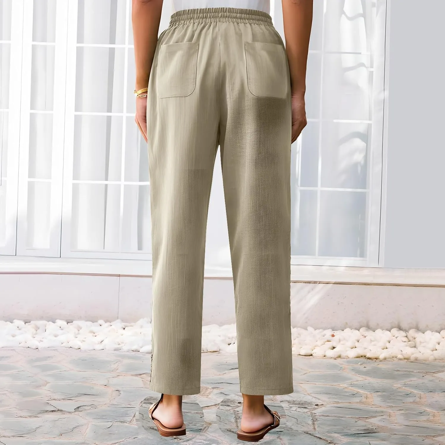 Womens Linen Pants,Drawstring Wide Leg Pants Woman Elastic Waist Summer Business Casual Beach Work Palazzo Trousers