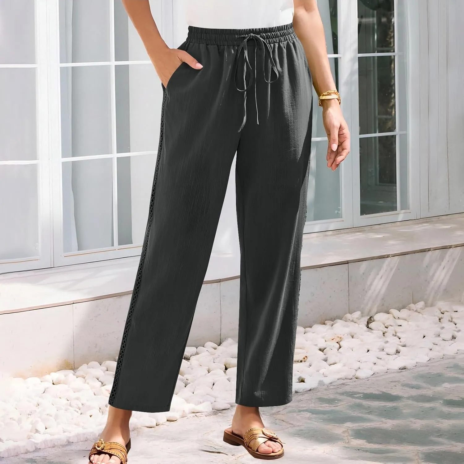 Womens Linen Pants,Drawstring Wide Leg Pants Woman Elastic Waist Summer Business Casual Beach Work Palazzo Trousers