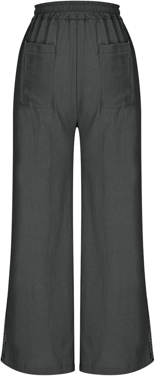 Womens Linen Pants,Drawstring Wide Leg Pants Woman Elastic Waist Summer Business Casual Beach Work Palazzo Trousers