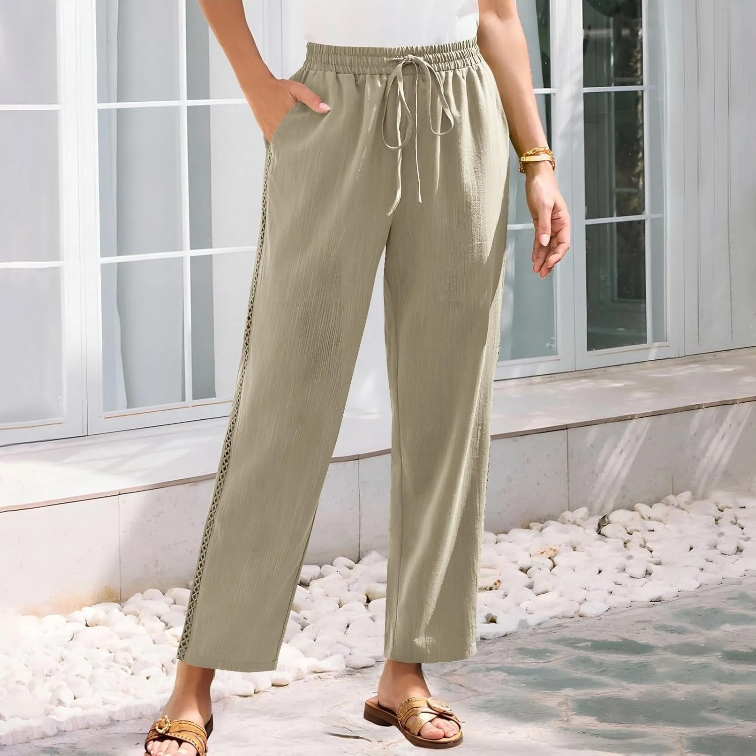 Womens Linen Pants,Drawstring Wide Leg Pants Woman Elastic Waist Summer Business Casual Beach Work Palazzo Trousers