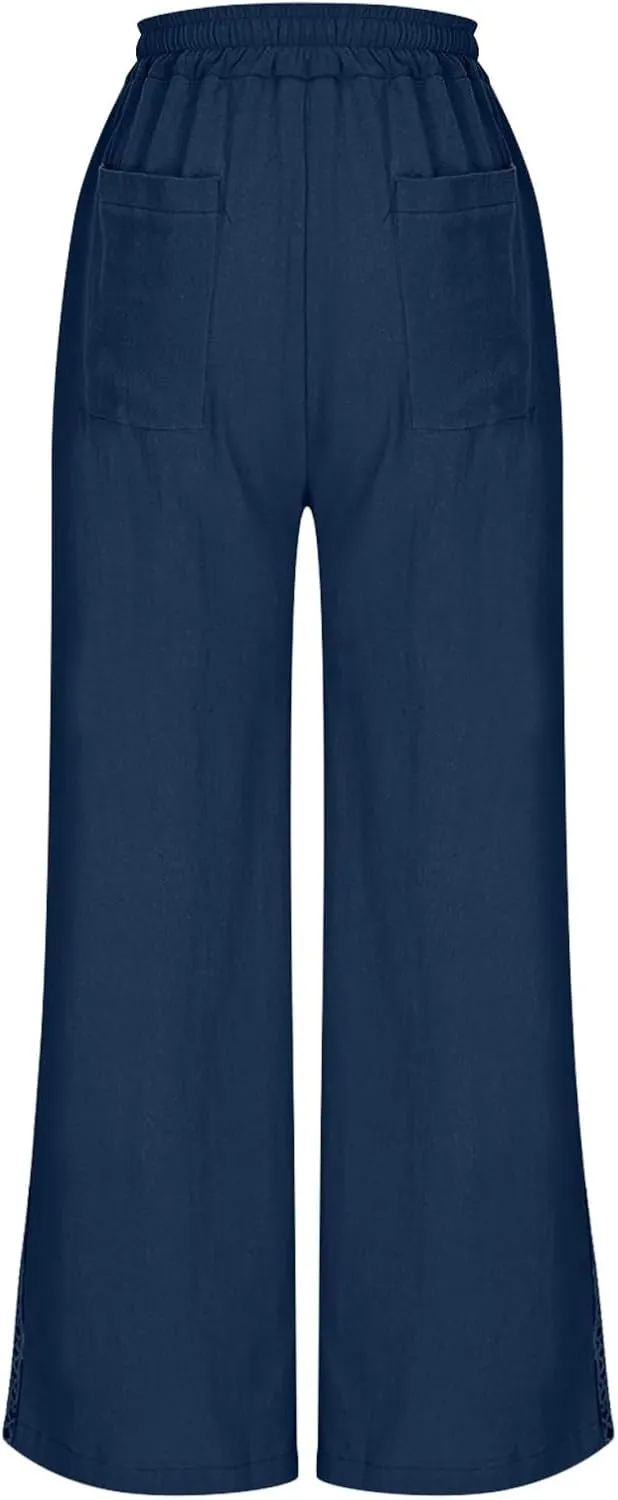 Womens Linen Pants,Drawstring Wide Leg Pants Woman Elastic Waist Summer Business Casual Beach Work Palazzo Trousers