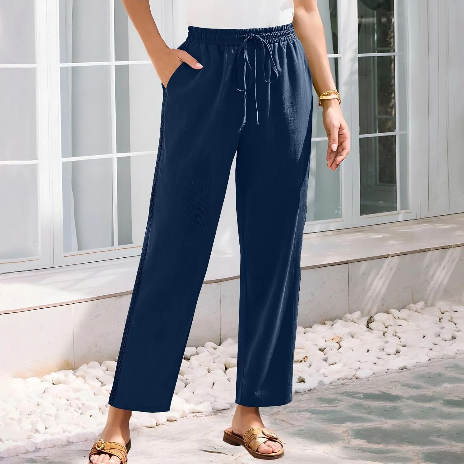 Womens Linen Pants,Drawstring Wide Leg Pants Woman Elastic Waist Summer Business Casual Beach Work Palazzo Trousers