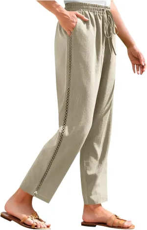 Womens Linen Pants,Drawstring Wide Leg Pants Woman Elastic Waist Summer Business Casual Beach Work Palazzo Trousers