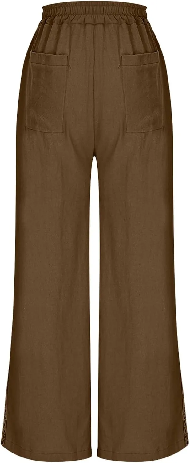 Womens Linen Pants,Drawstring Wide Leg Pants Woman Elastic Waist Summer Business Casual Beach Work Palazzo Trousers