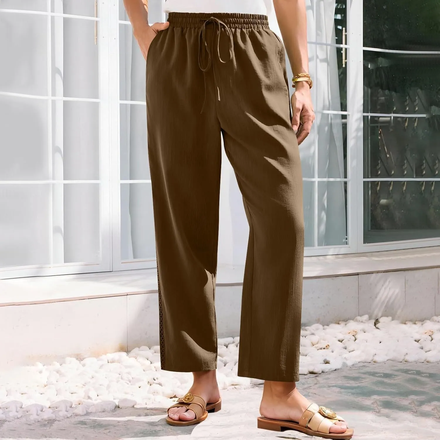 Womens Linen Pants,Drawstring Wide Leg Pants Woman Elastic Waist Summer Business Casual Beach Work Palazzo Trousers