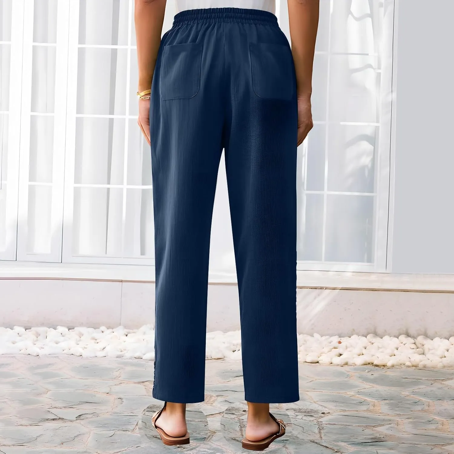 Womens Linen Pants,Drawstring Wide Leg Pants Woman Elastic Waist Summer Business Casual Beach Work Palazzo Trousers