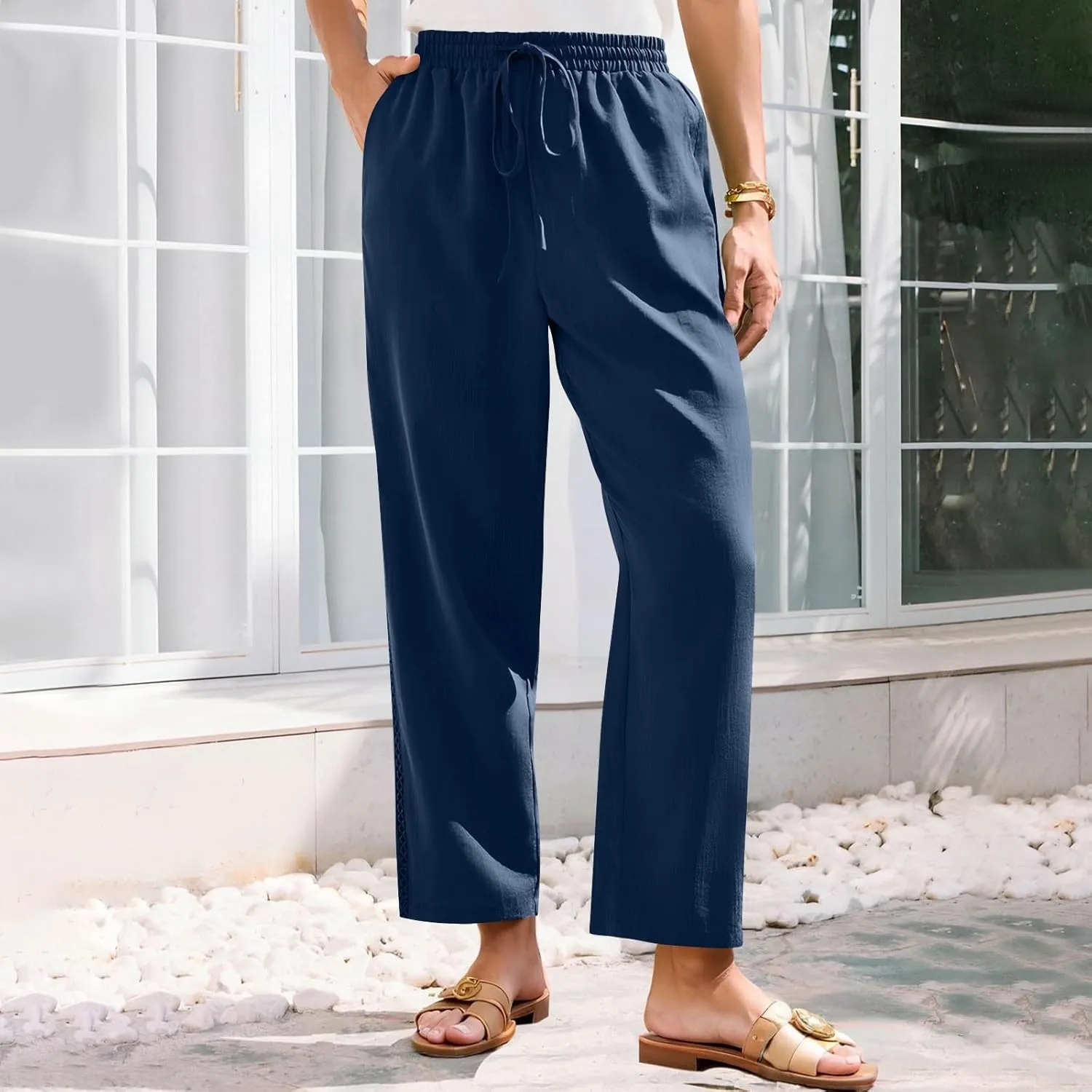 Womens Linen Pants,Drawstring Wide Leg Pants Woman Elastic Waist Summer Business Casual Beach Work Palazzo Trousers