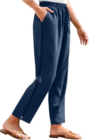 Womens Linen Pants,Drawstring Wide Leg Pants Woman Elastic Waist Summer Business Casual Beach Work Palazzo Trousers