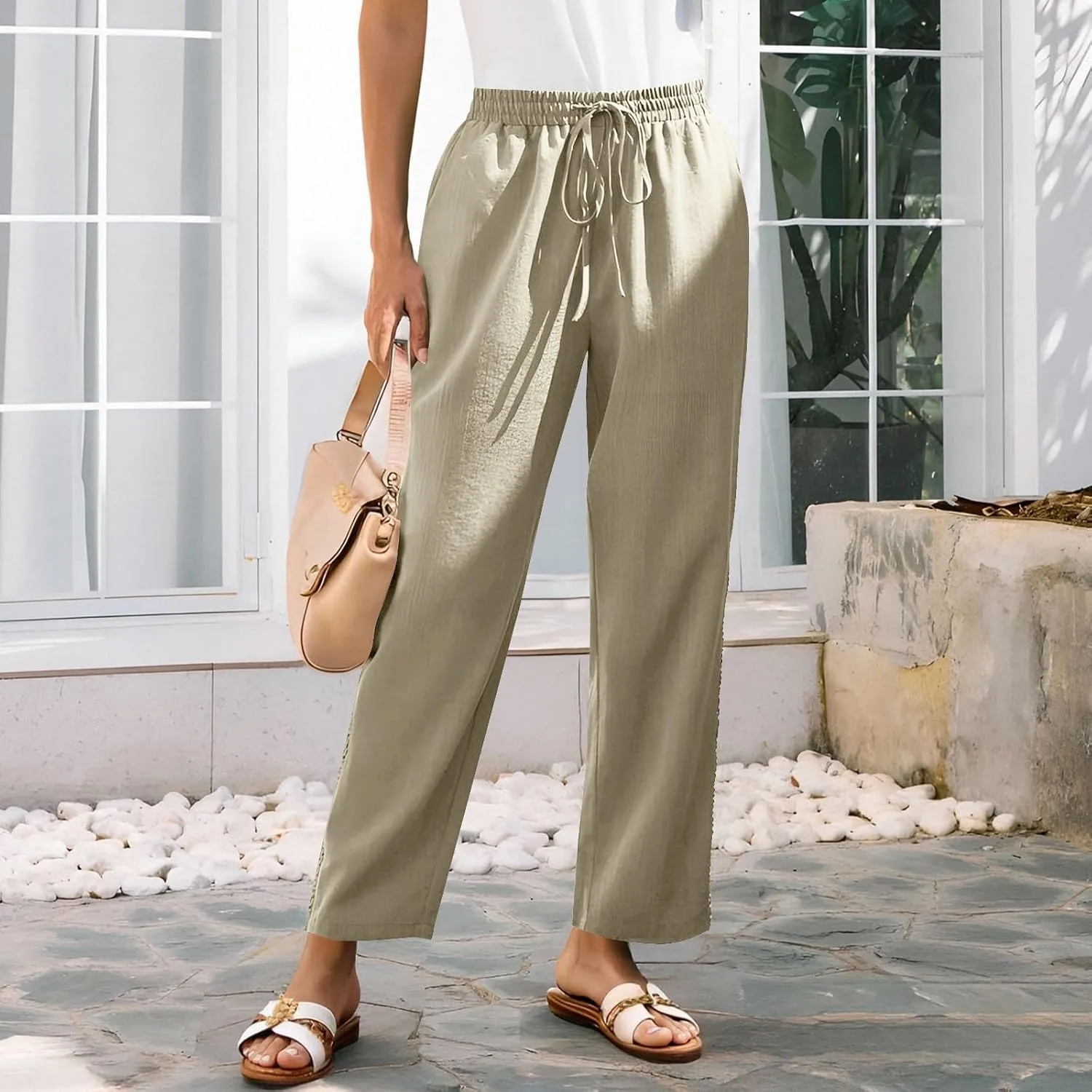 Womens Linen Pants,Drawstring Wide Leg Pants Woman Elastic Waist Summer Business Casual Beach Work Palazzo Trousers