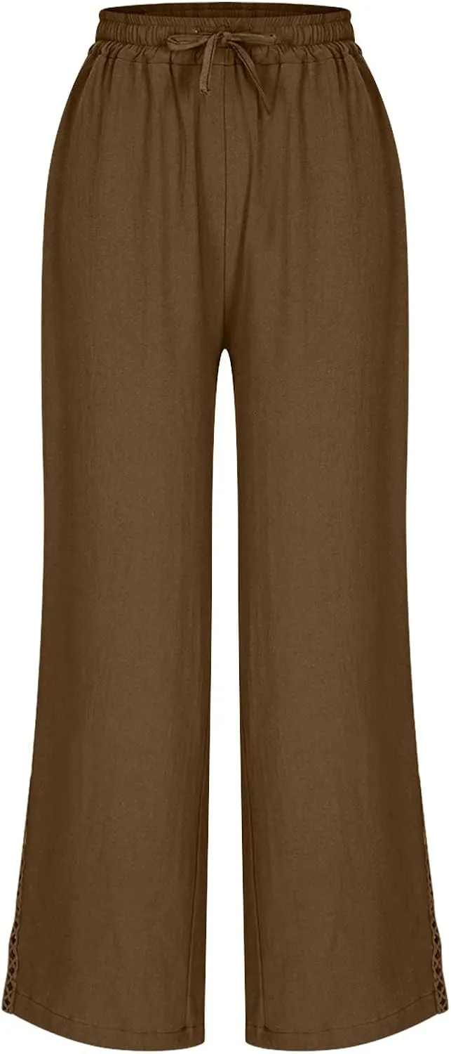 Womens Linen Pants,Drawstring Wide Leg Pants Woman Elastic Waist Summer Business Casual Beach Work Palazzo Trousers