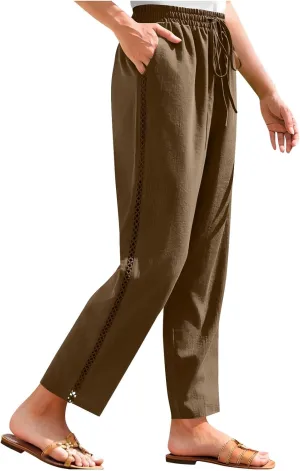 Womens Linen Pants,Drawstring Wide Leg Pants Woman Elastic Waist Summer Business Casual Beach Work Palazzo Trousers