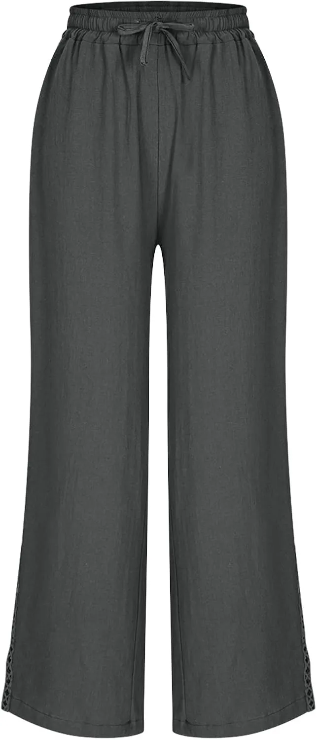 Womens Linen Pants,Drawstring Wide Leg Pants Woman Elastic Waist Summer Business Casual Beach Work Palazzo Trousers