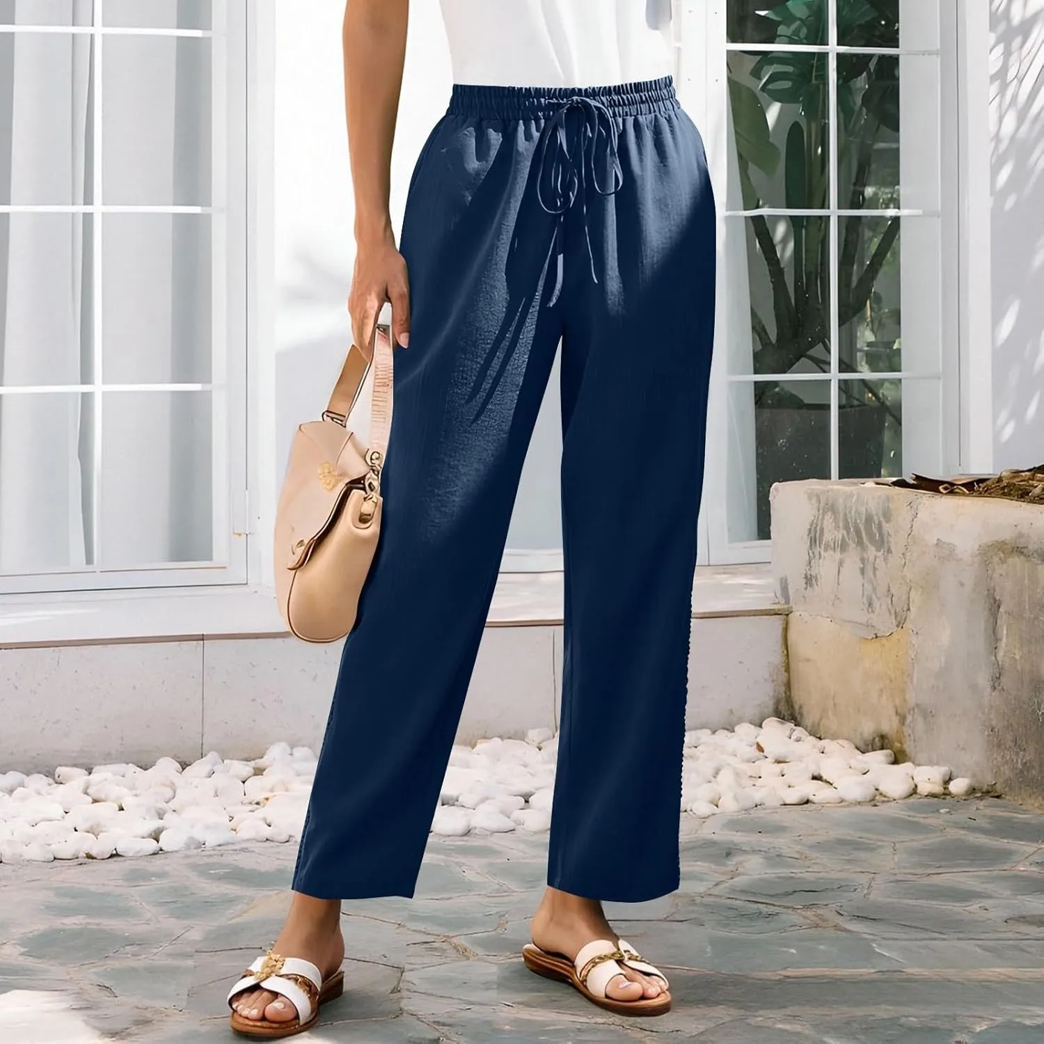 Womens Linen Pants,Drawstring Wide Leg Pants Woman Elastic Waist Summer Business Casual Beach Work Palazzo Trousers