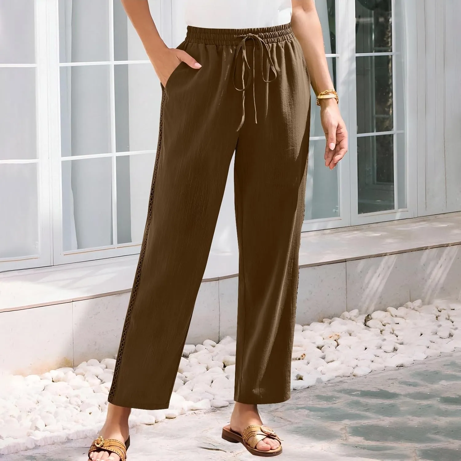 Womens Linen Pants,Drawstring Wide Leg Pants Woman Elastic Waist Summer Business Casual Beach Work Palazzo Trousers